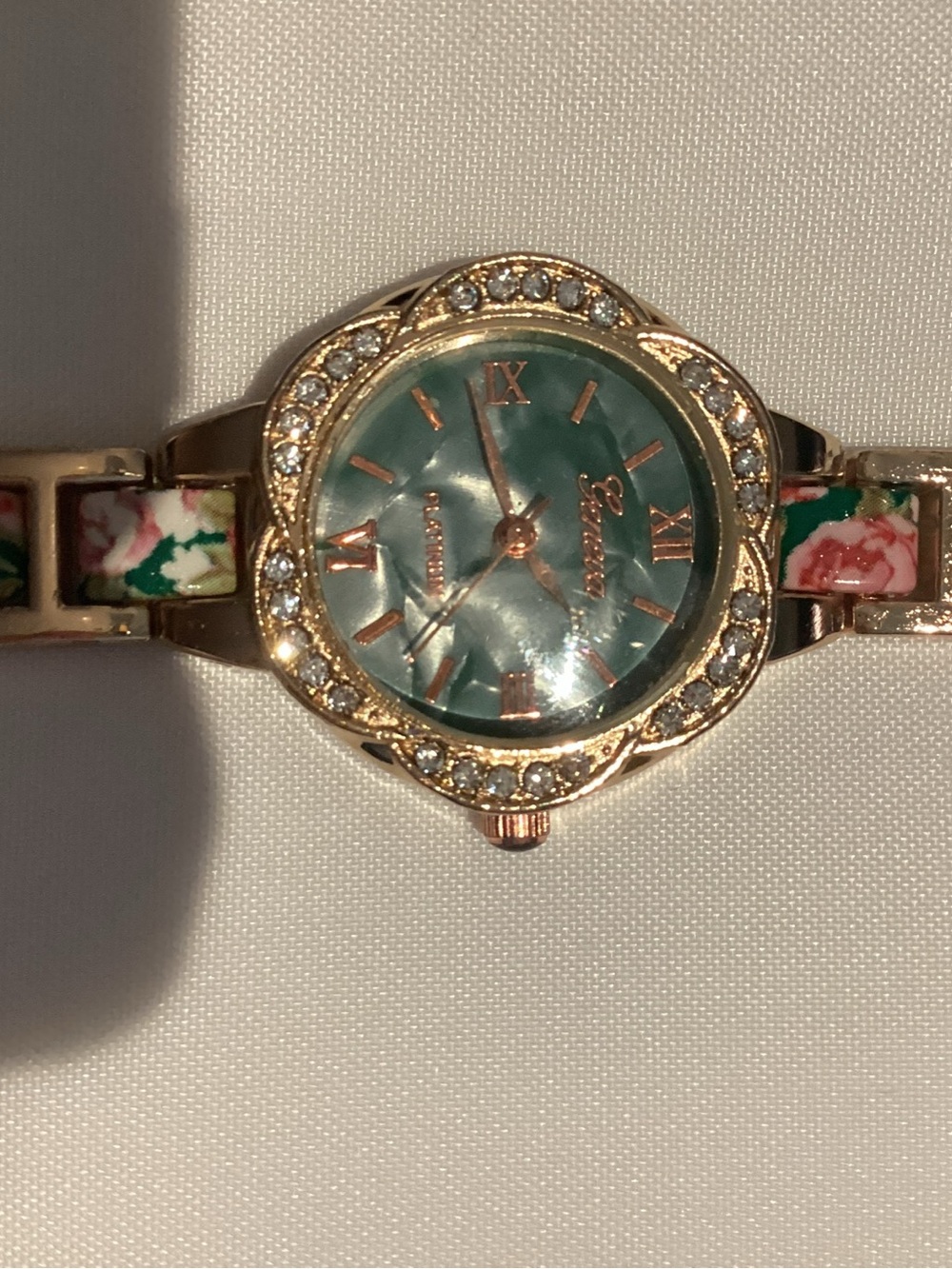 Geneva Platinum Gold-Tone Watch with Green Mother-of-Pearl Dial and Floral Links
